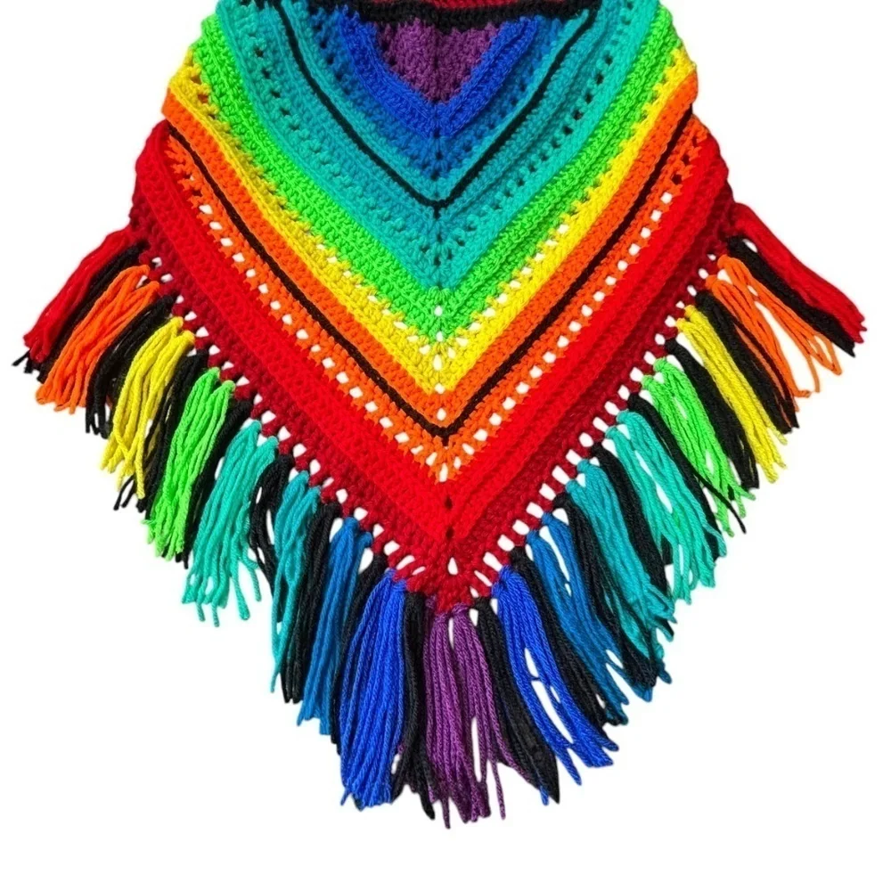 Handcrafted Crochet Cowl Neck Scarf With Fringe Rainbow Colors New Handmade Knit